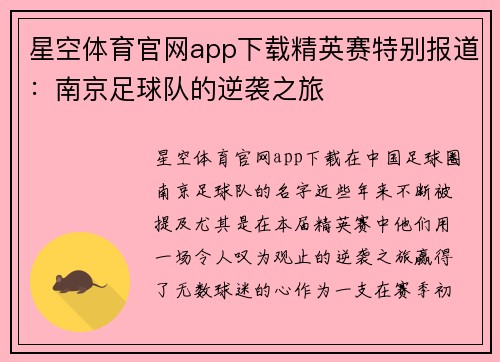 星空体育官网app下载精英赛特别报道：南京足球队的逆袭之旅
